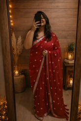 Mul Cotton Floral Embroidery Saree - Red
