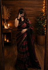 Cotton Stripes Saree - A timeless blend of deep black and rich maroon