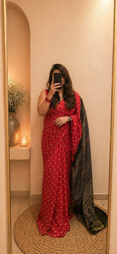 Modal Silk Bandhani with Ajrakh Pallu - Tomato Red