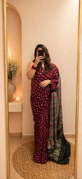 Modal Silk Bandhani with Ajrakh Pallu - Maroon