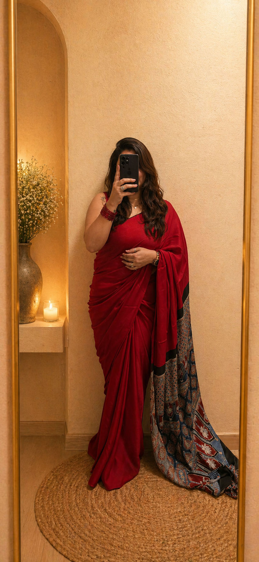 Plain Modal Silk Saree with Ajrakh Pallu - Red