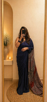 Plain Modal Silk Saree with Ajrakh Pallu - Navy Blue