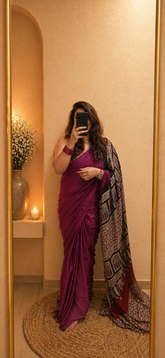 Plain Modal Silk Saree with Ajrakh Pallu - Wine