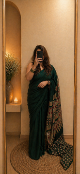 Plain Modal Silk Saree with Ajrakh Pallu - Bottle Green