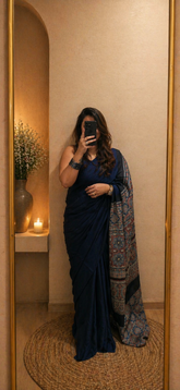 Plain Modal Silk Saree with Ajrakh Pallu - Ink Blue