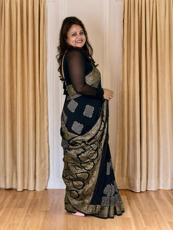 Black Dola Silk Ajrakh Saree