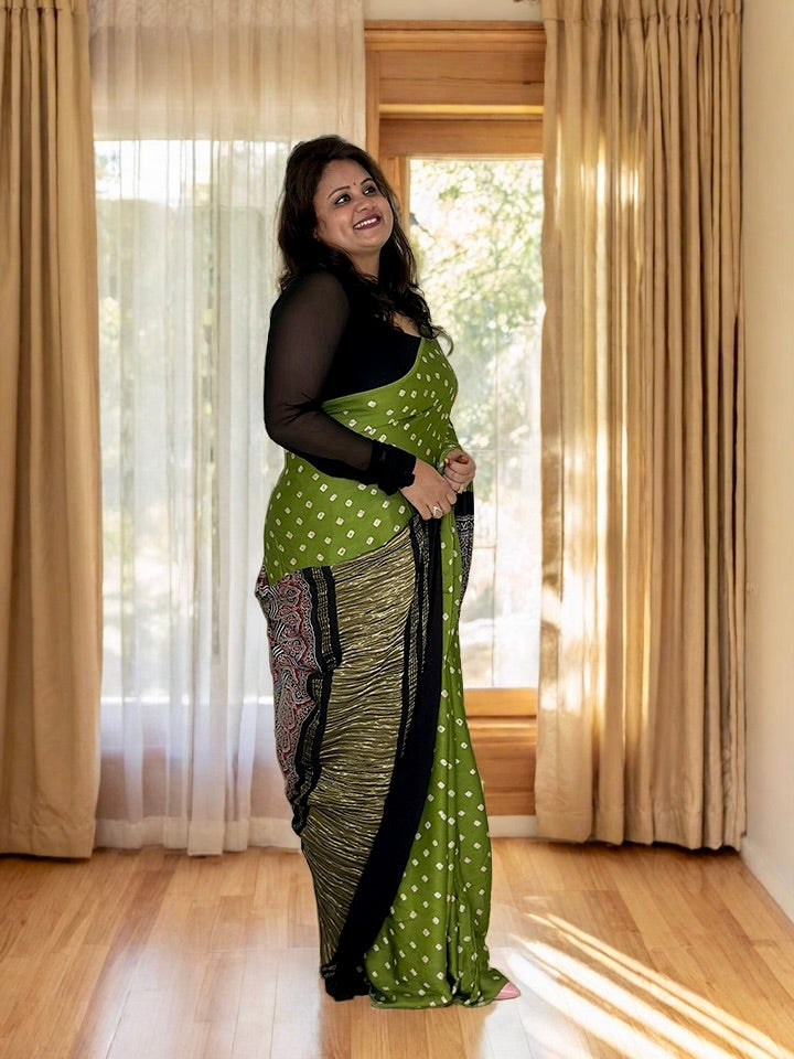 Modal Silk Bandhani Saree with Ajrakh Pallu