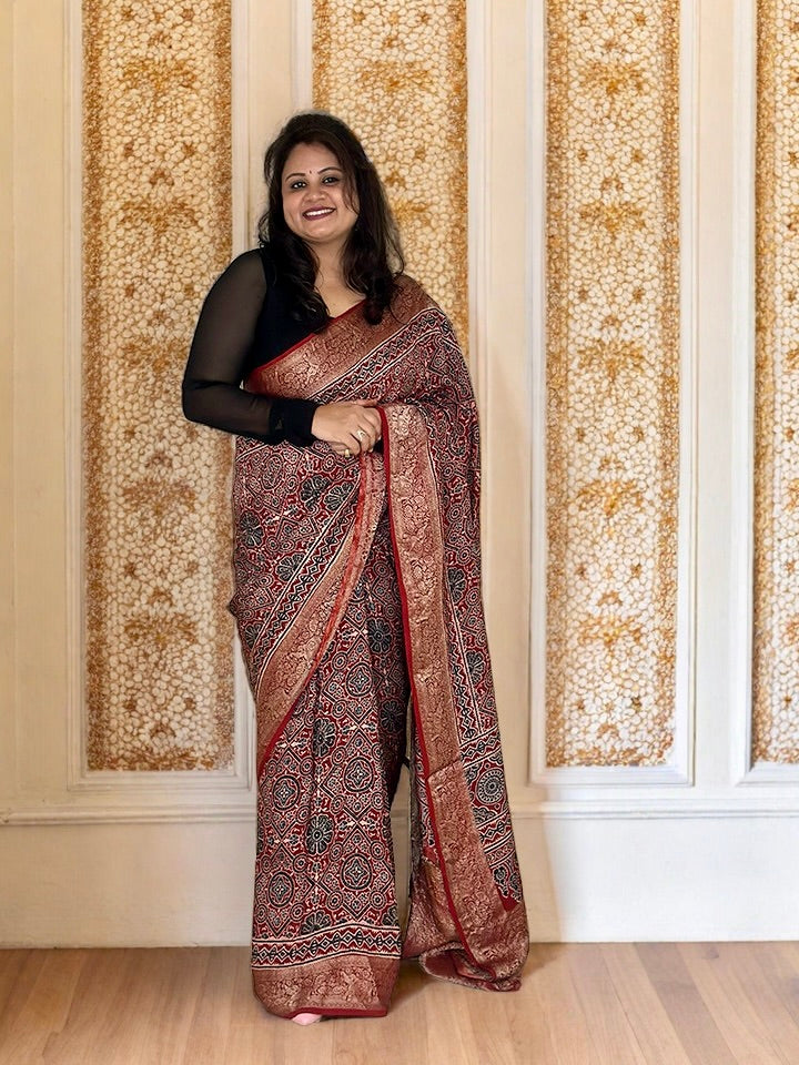 Dola Silk Saree with Ajrakh Print  - Maroon