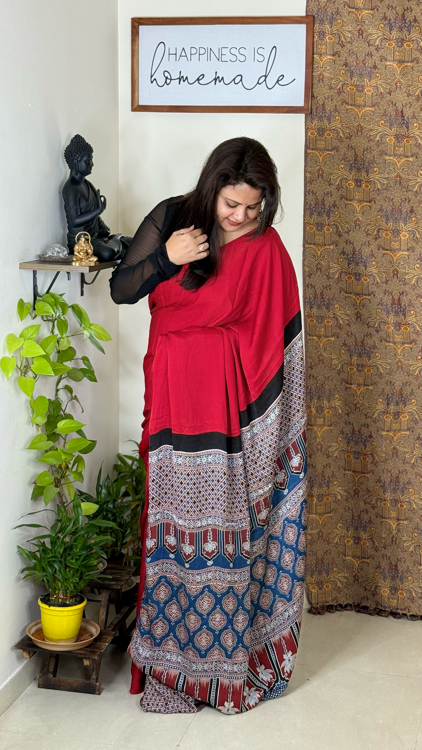 Plain Modal Silk Saree with Ajrakh Pallu