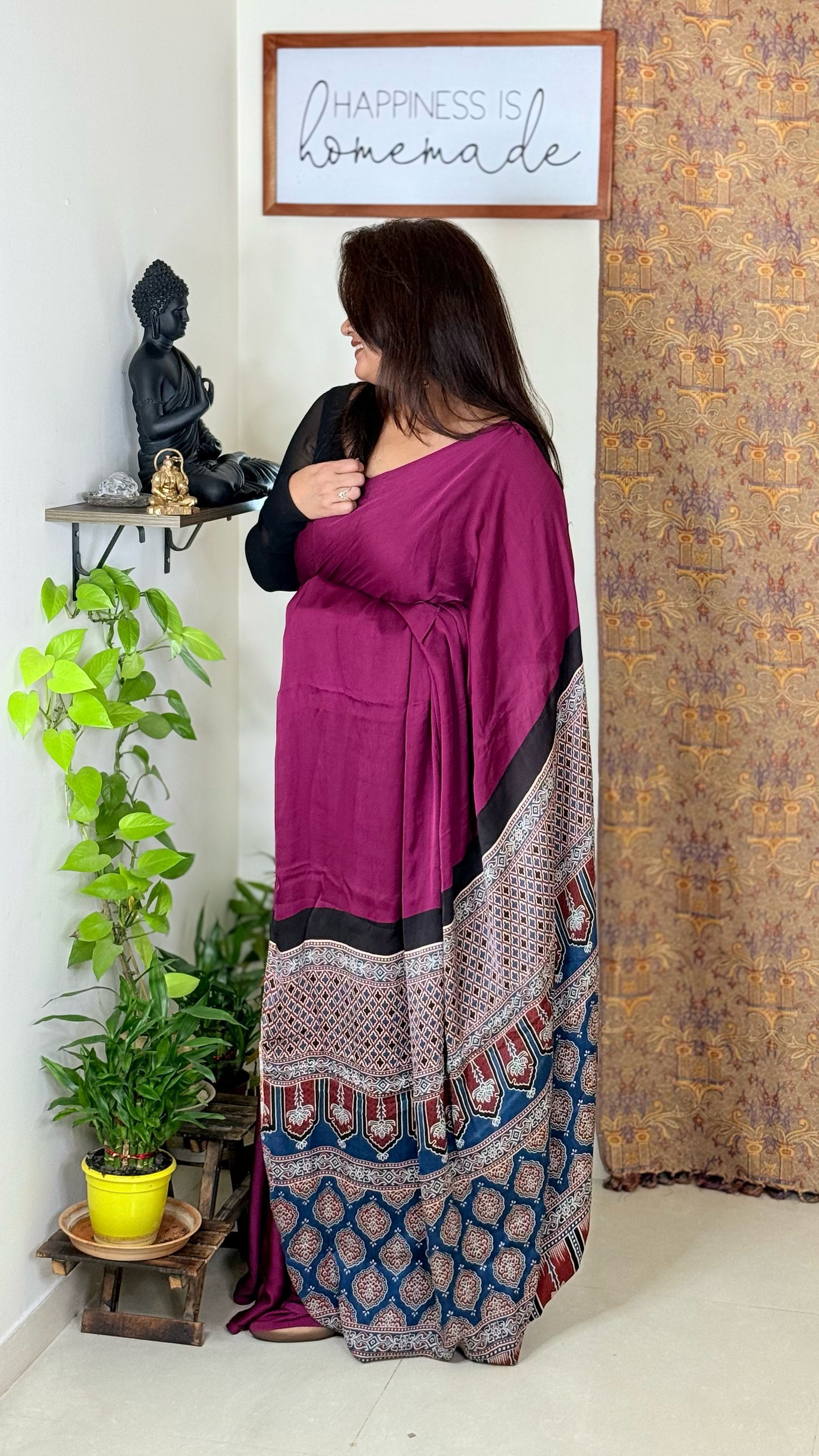 Plain Modal Silk Saree with Ajrakh Pallu