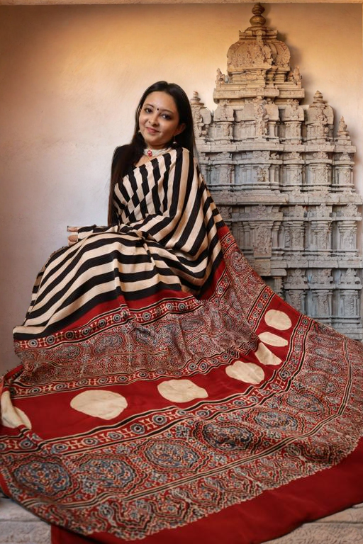 Monochrome Modal Silk Saree with Ajrakh Pallu