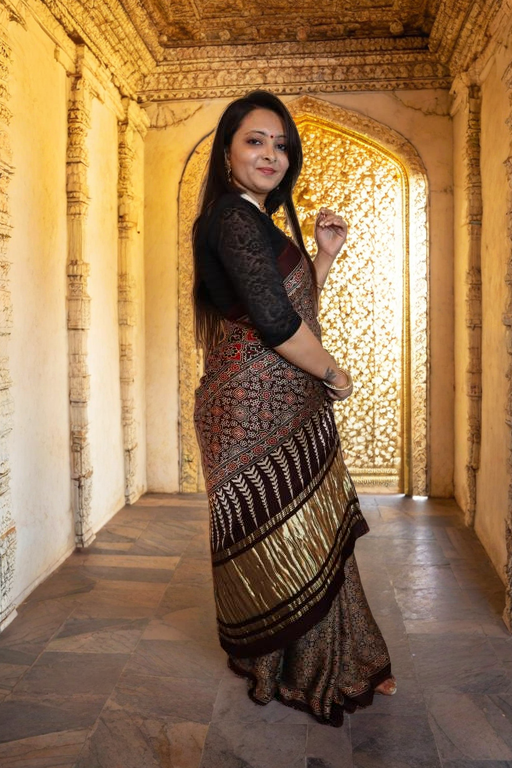 Ajrakh Modal Silk Saree with Ladga Patti Pallu