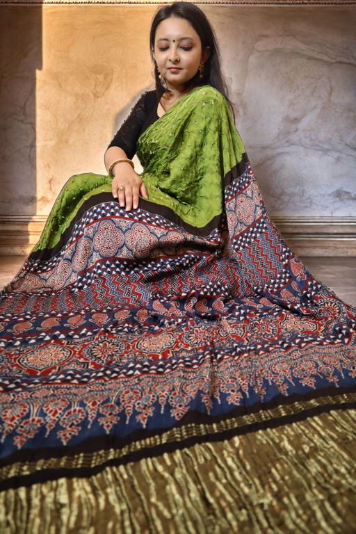 Modal Silk Bandhani with Ajrakh Pallu