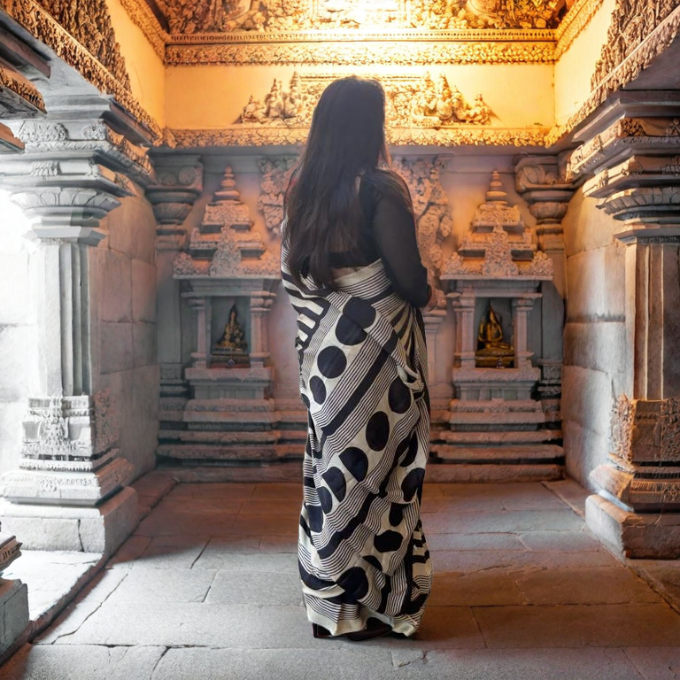 Monochrome Ajrakh Hand-Printed Modal Silk Saree