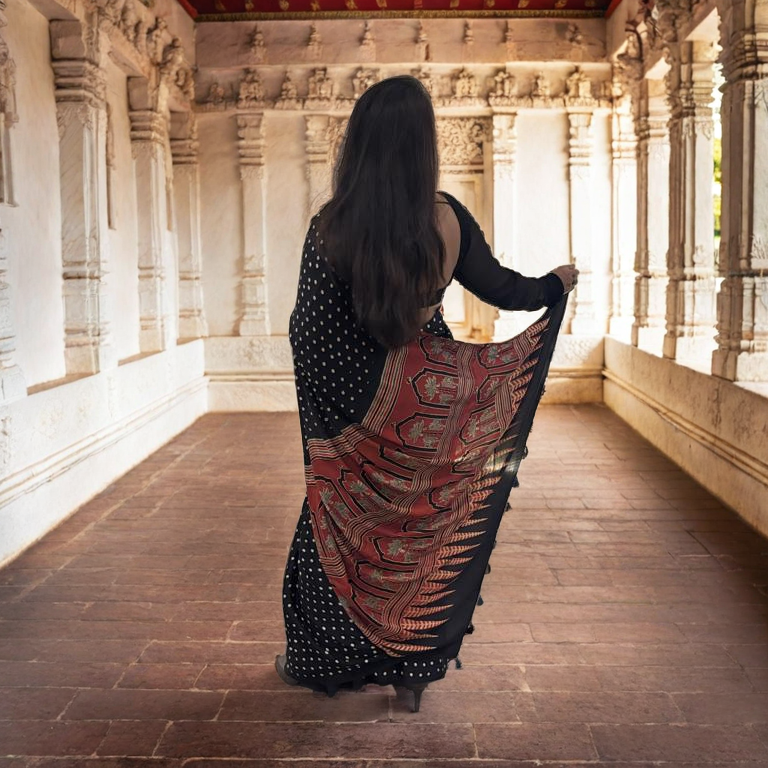 Polka Dot Modal Silk Saree With Ajrakh Pallu