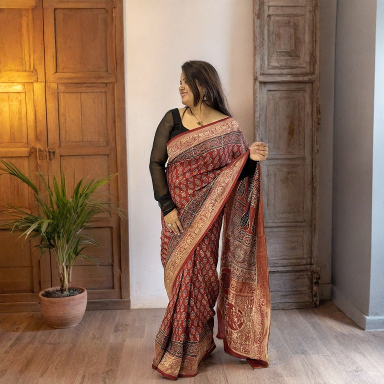 Red Ajrakh Dola Silk Saree