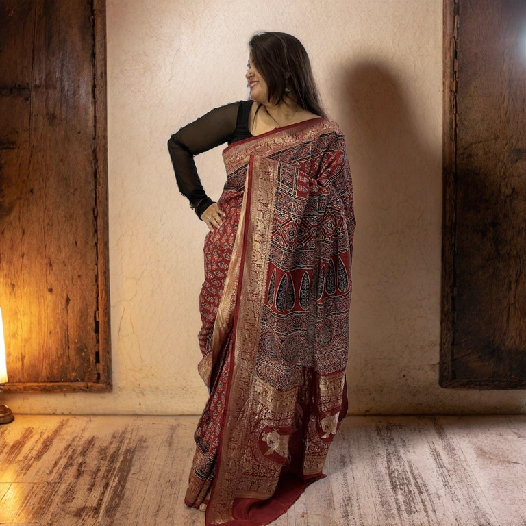 Red Ajrakh Dola Silk Saree