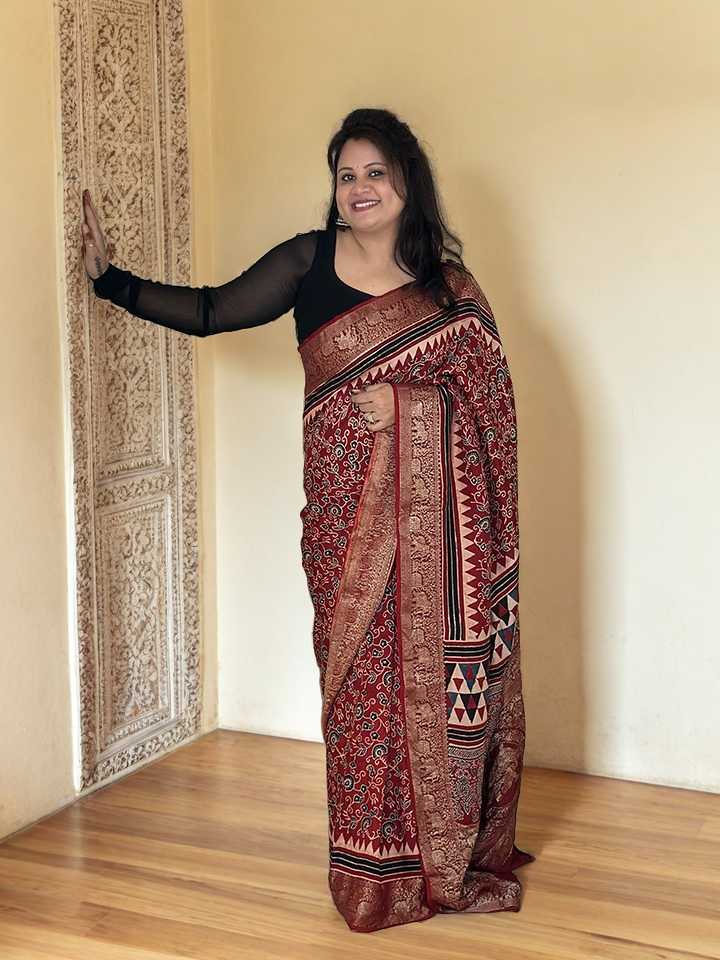 Dola Silk Saree with Ajrakh Print  - Maroon