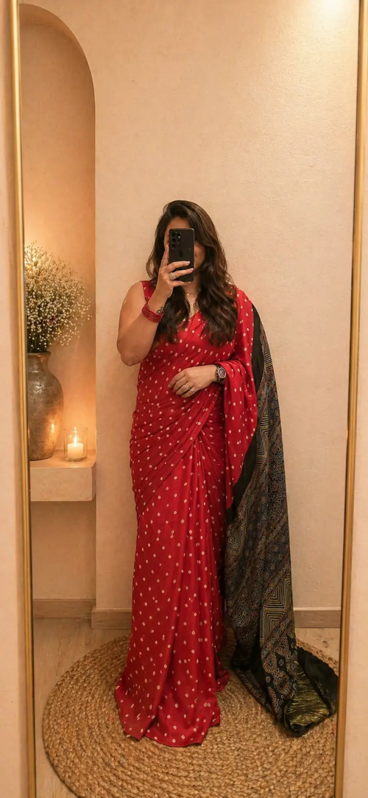 Modal Silk Bandhani with Ajrakh Pallu - Tomato Red, Eeshani saree