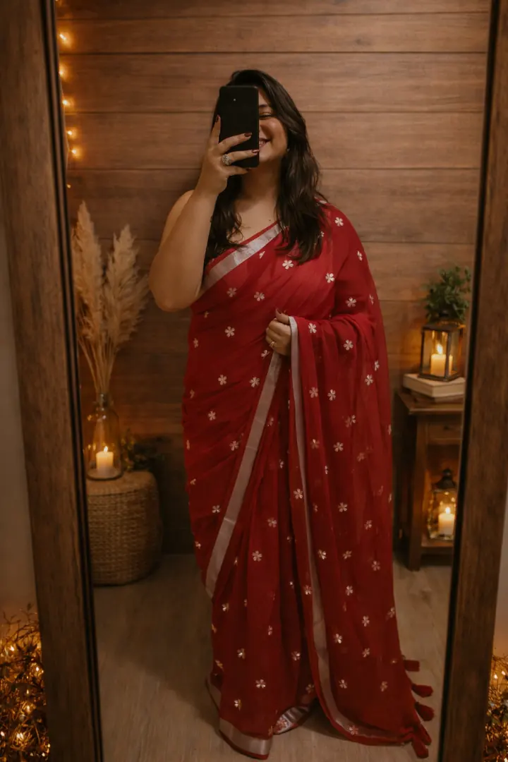 Mul Cotton Floral Embroidery Saree - Red, Eeshani saree