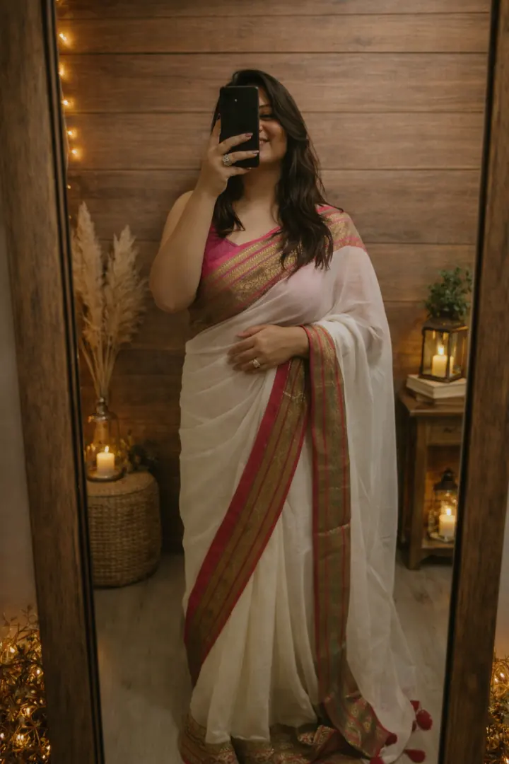Mul Cotton - White Zari border, Eeshani saree
