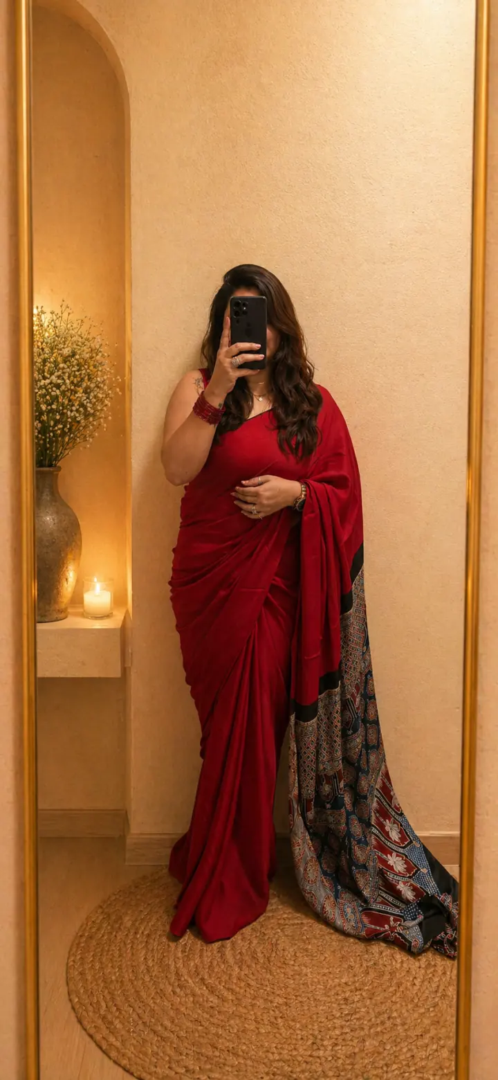 Plain Modal Silk Saree with Ajrakh Pallu - Red, Eeshani saree
