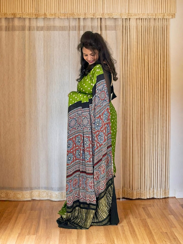 Modal Silk Bandhani Saree with Ajrakh Pallu