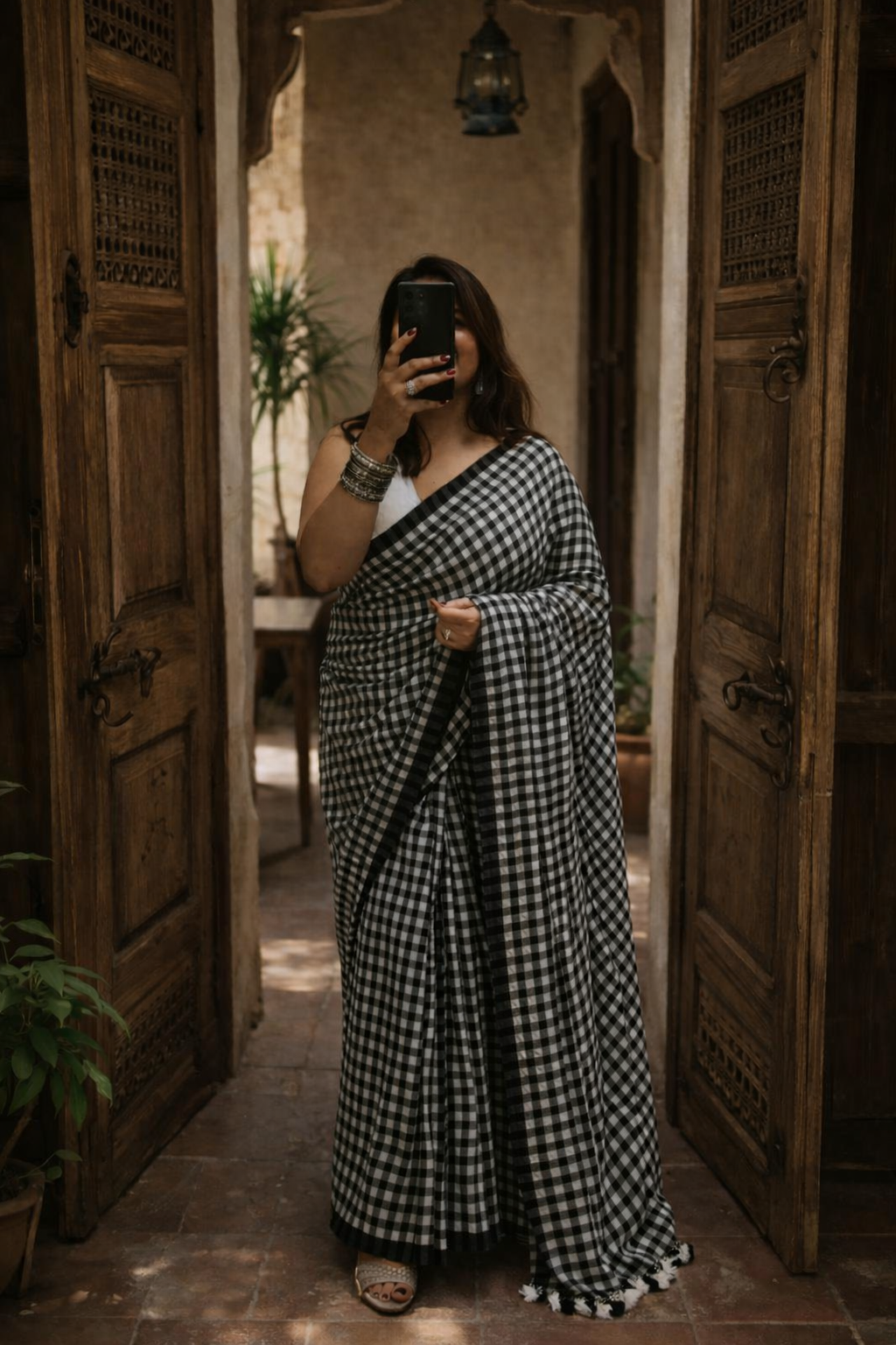 Mul Cotton Checkered Saree - Classic Black & white