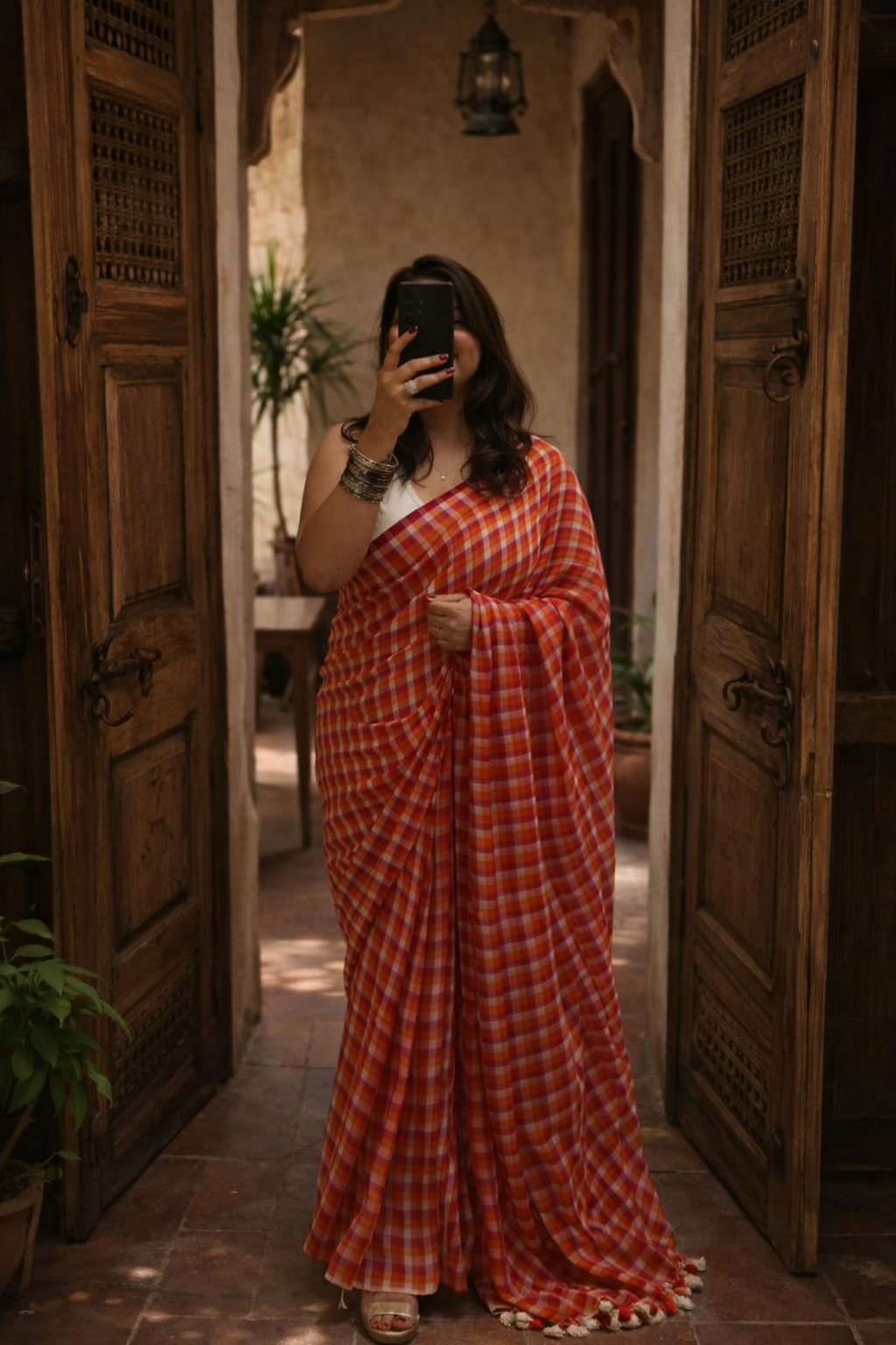 Mul Cotton Checkered Saree - Ember