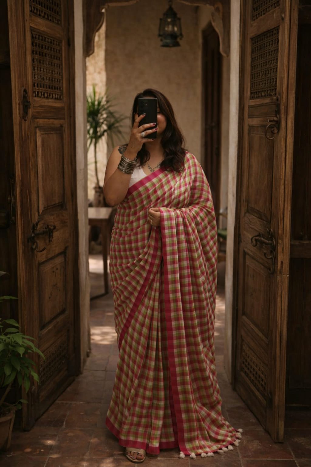 Mul Cotton Checkered Saree - Blossom
