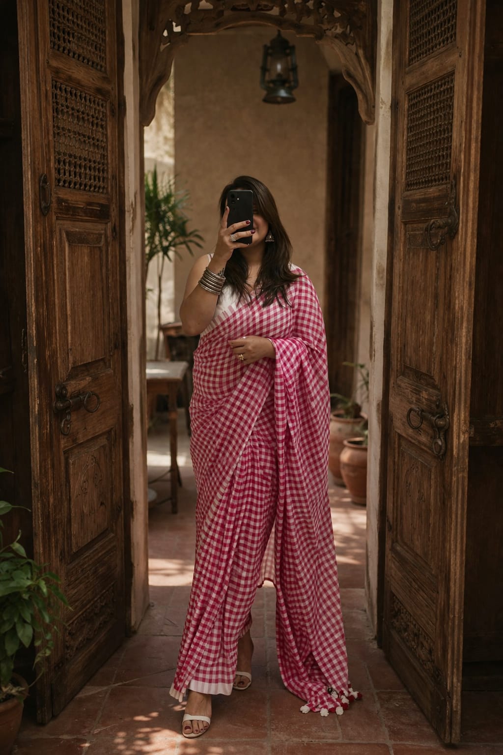 Mul Cotton Checkered Saree - Rose