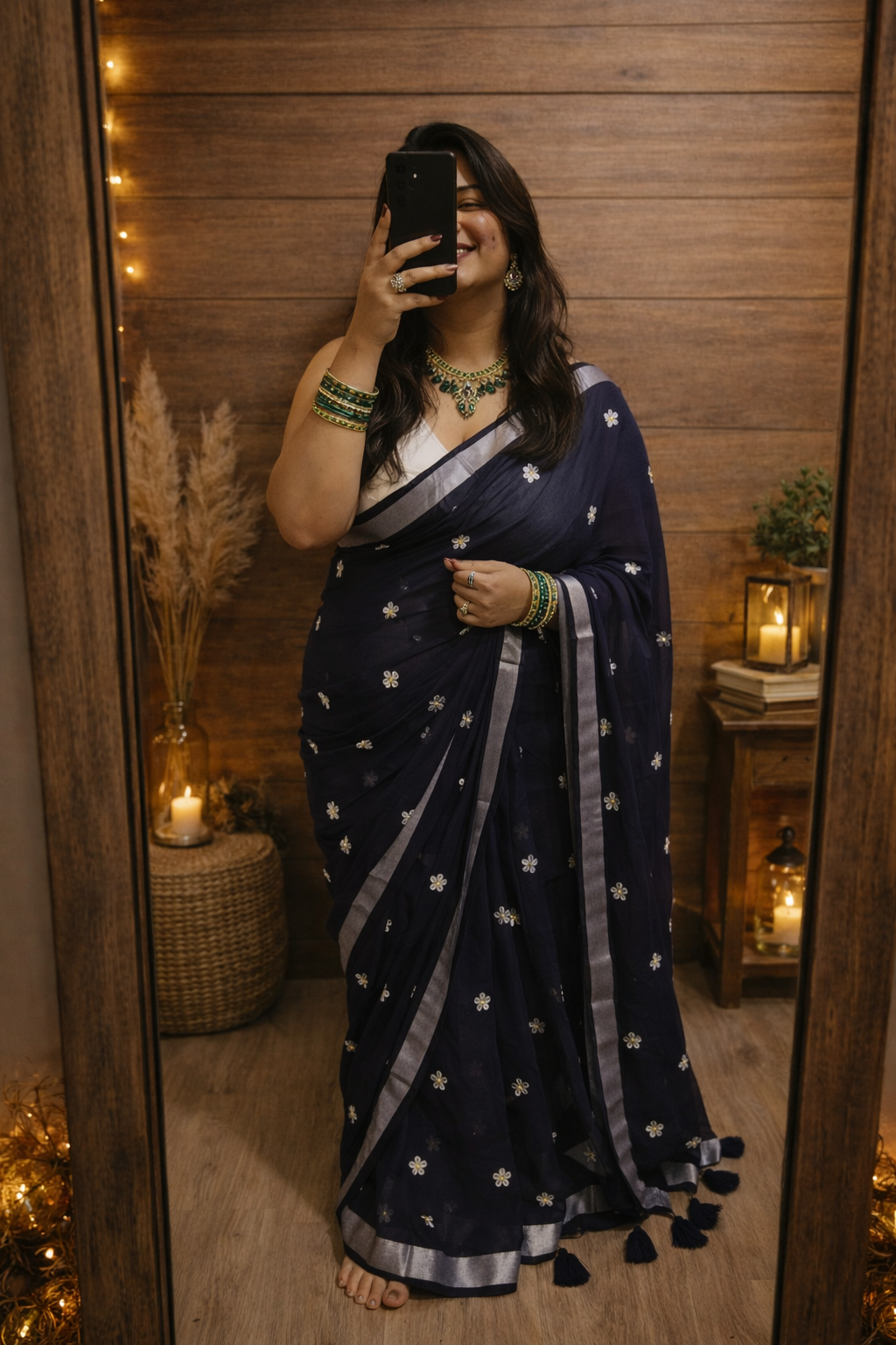 Mul Cotton Floral Embroidery Saree - Blue