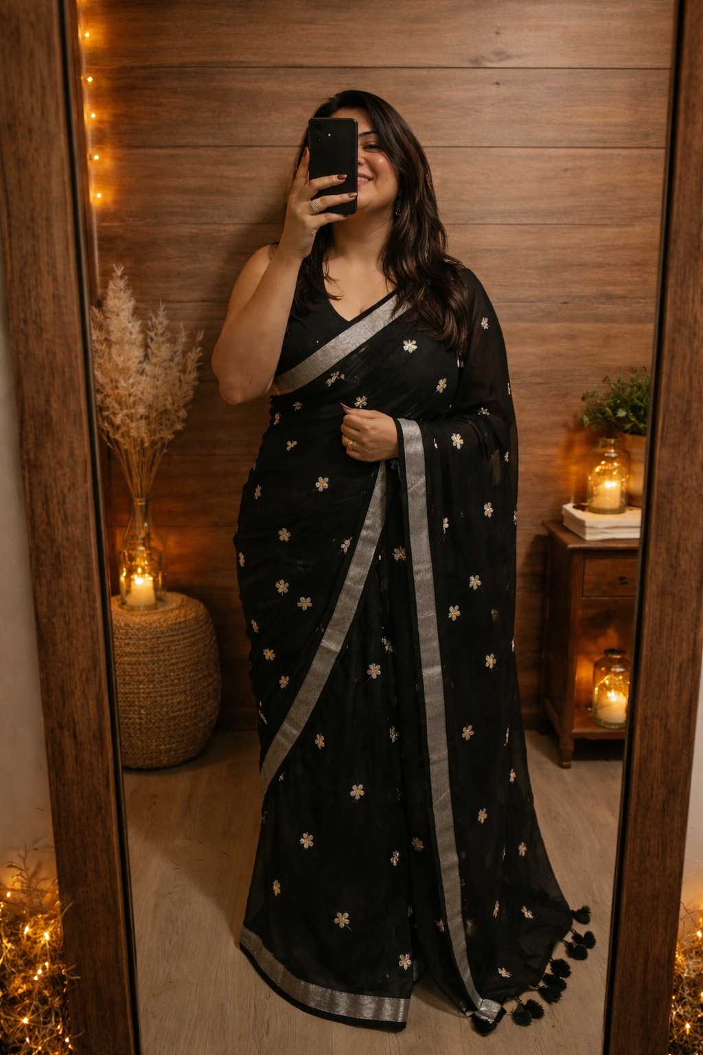 Mul Cotton Floral Embroidery Saree - Black