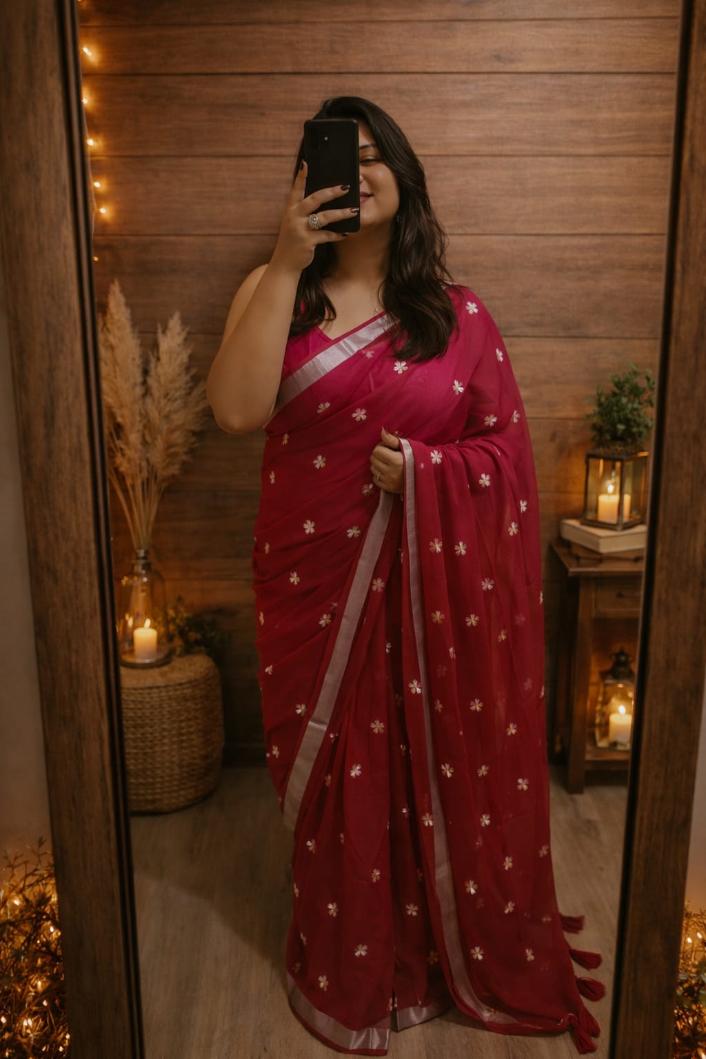 Mul Cotton Floral Embroidery Saree - Pink