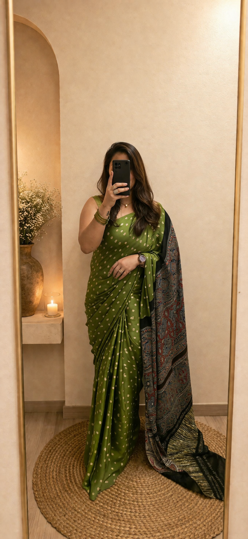 Modal Silk Bandhani with Ajrakh Pallu - Green