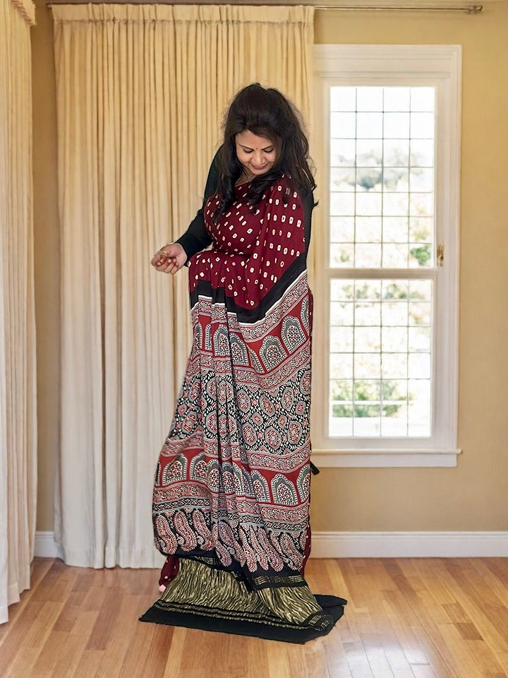 Modal Silk Bandhani Saree with Ajrakh Pallu