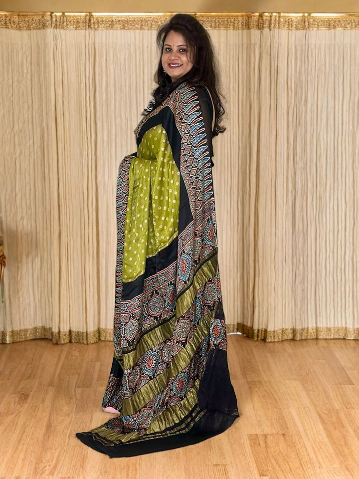 Modal Silk Bandhani Saree with Ajrakh Pallu