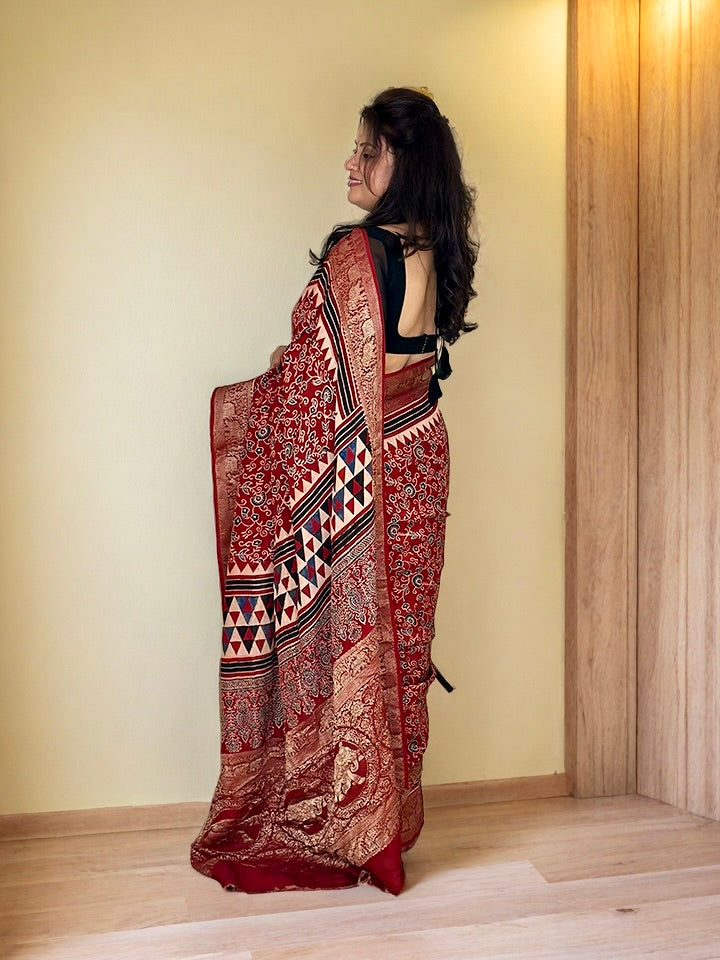 Dola Silk Saree with Ajrakh Print  - Maroon