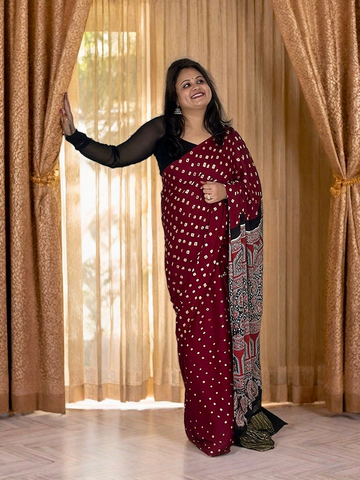 Modal Silk Bandhani Saree with Ajrakh Pallu