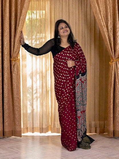 Modal Silk Bandhani Saree with Ajrakh Pallu