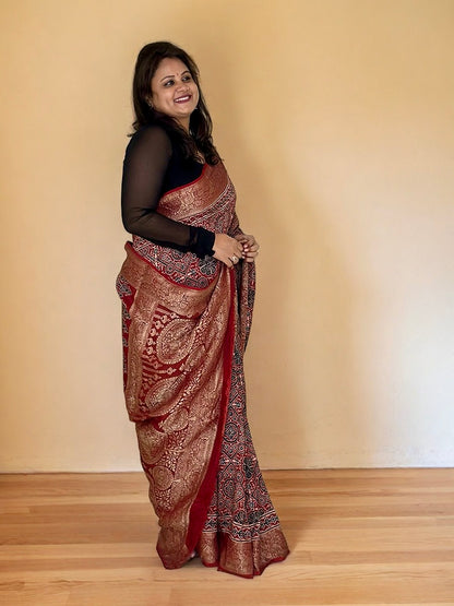 Dola Silk Saree with Ajrakh Print  - Maroon