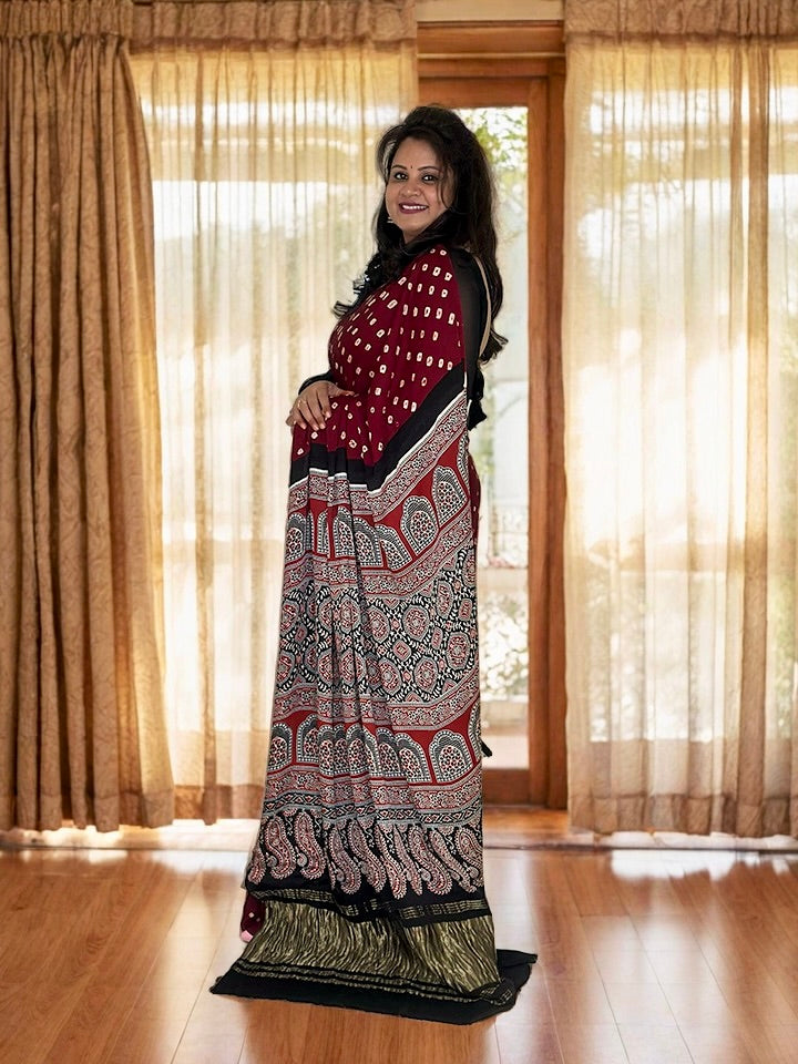 Modal Silk Bandhani Saree with Ajrakh Pallu
