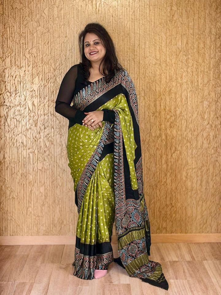 Modal Silk Bandhani Saree with Ajrakh Pallu