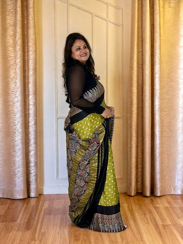Modal Silk Bandhani Saree with Ajrakh Pallu