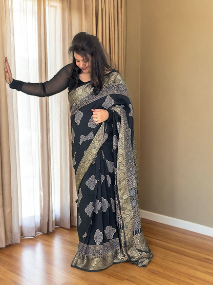Black Dola Silk Ajrakh Saree