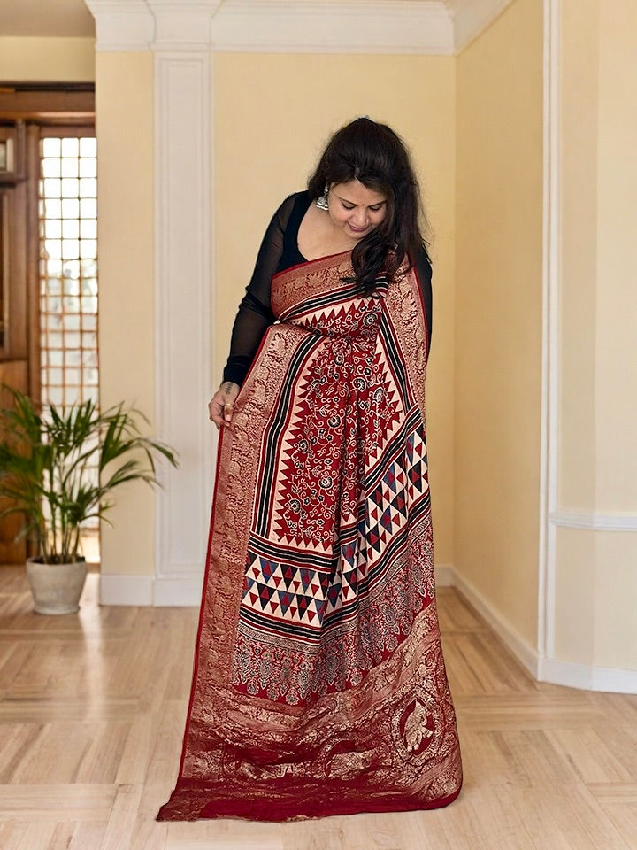 Dola Silk Saree with Ajrakh Print  - Maroon