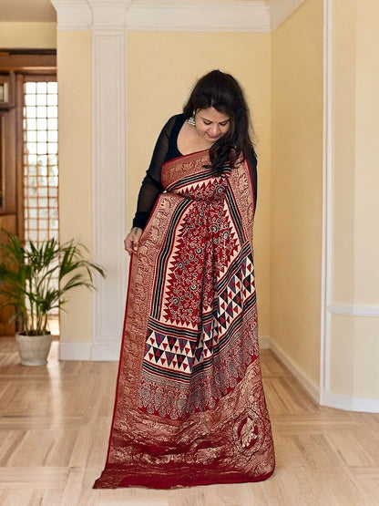 Dola Silk Saree with Ajrakh Print  - Maroon