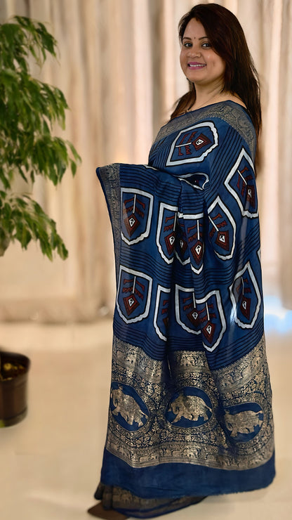 Dola Silk Ajrakh Print Saree