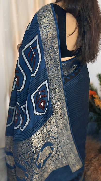 Dola Silk Ajrakh Print Saree