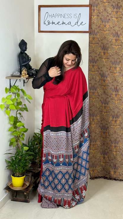 Plain Modal Silk Saree with Ajrakh Pallu